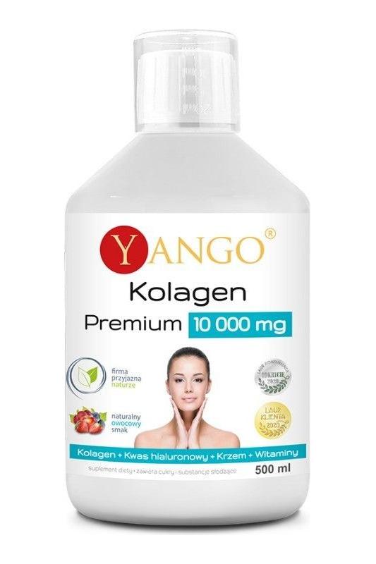 Yango Premium Collagen 10,000 mg bottle, designed for skin elasticity and youth preservation, 500 ml size.
