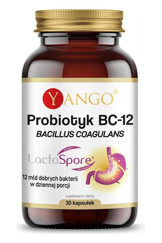 Yango Probiotic BC-12 supplement bottle with 30 capsules, containing Bacillus coagulans for gut health.