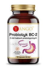 Yango Probiotic BC-2 bottle with 60 capsules, supports balanced gut flora and digestive health.