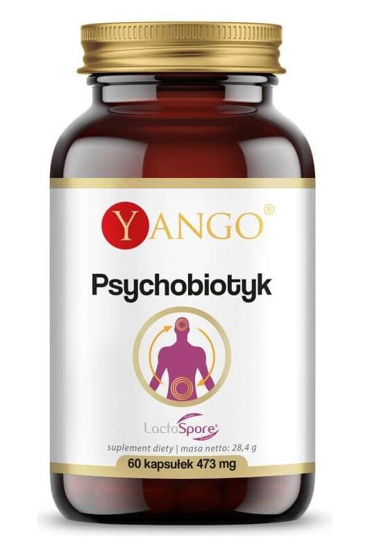 Yango Psychobiotyk supplement with 60 capsules, designed for gut health and stress relief.