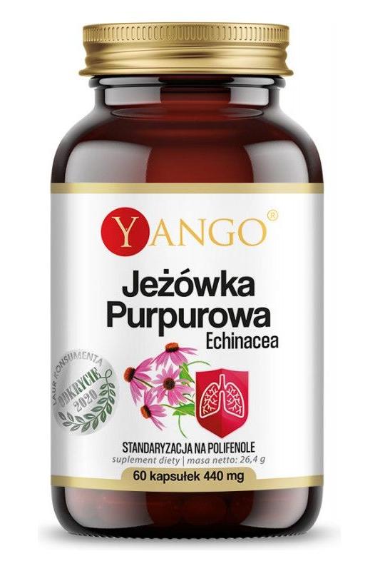 Yango Purple Coneflower Echinacea 60 caps supplement for respiratory and immune support in a clear bottle.