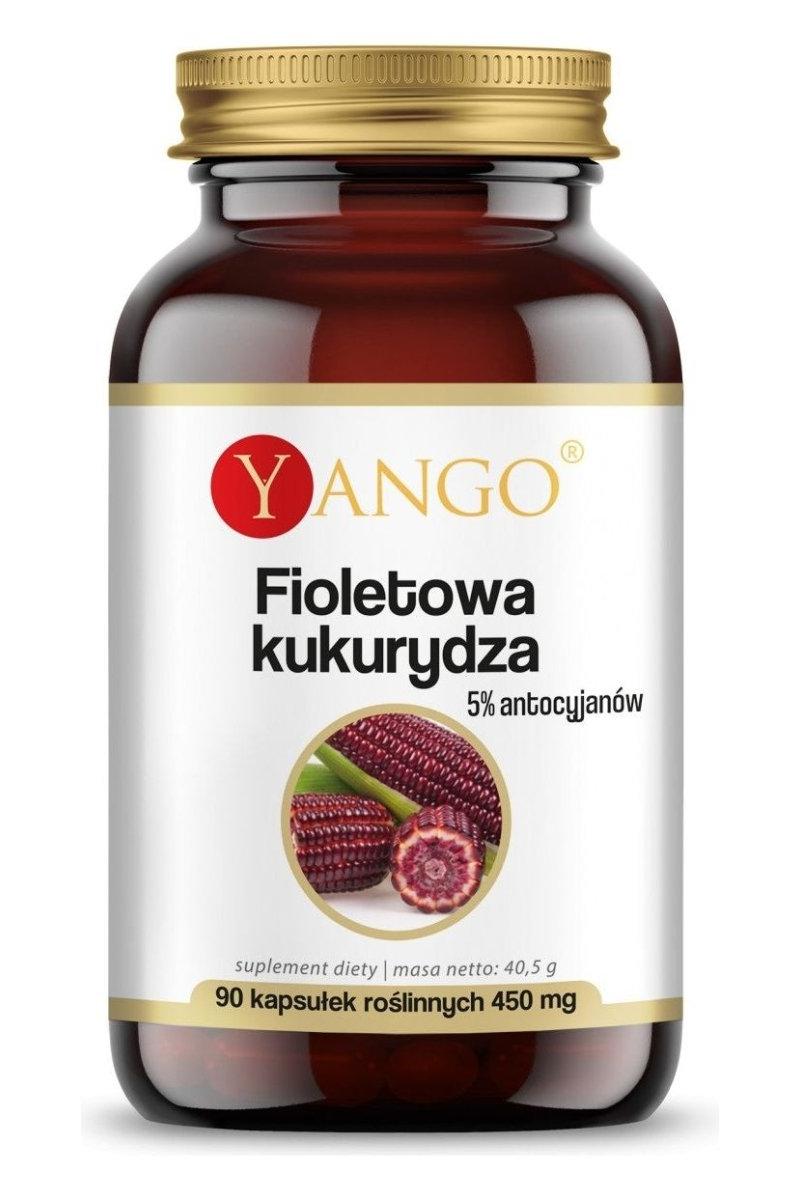 Yango Purple Corn supplement bottle with 90 capsules rich in antioxidants and anthocyanins for health benefits.