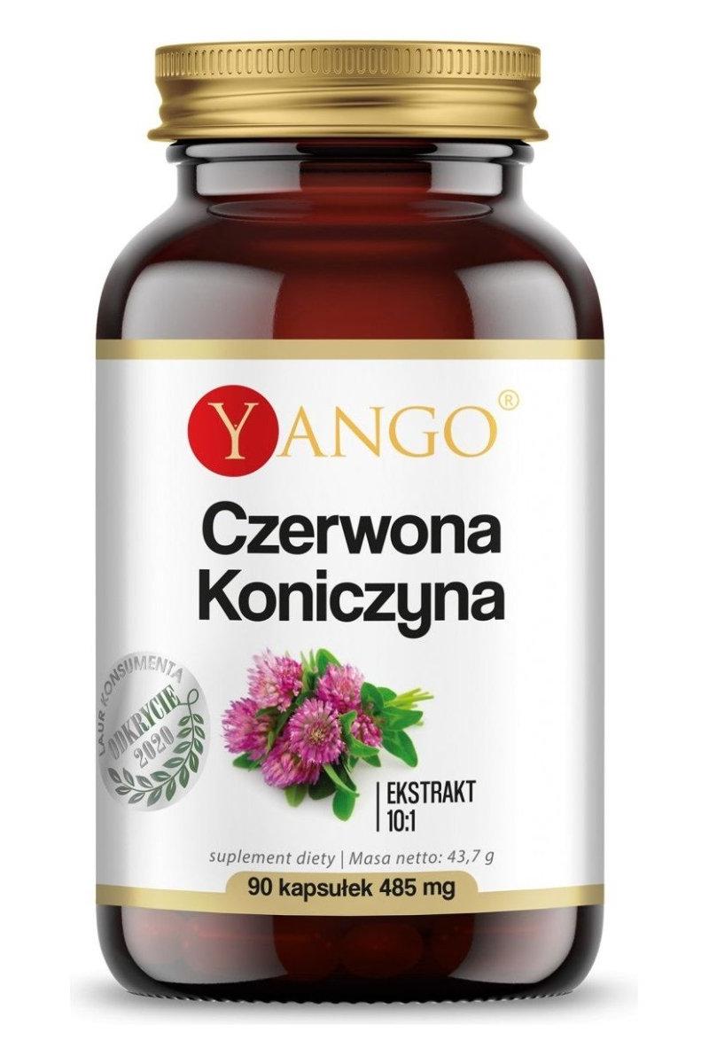Yango Red Clover extract bottle, 90 capsules, supports menopause, 10:1 extract, vegetarian-friendly.
