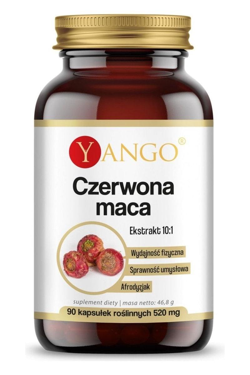 Yango Red Maca supplement bottle, 90 capsules, known for boosting energy and cognitive function.