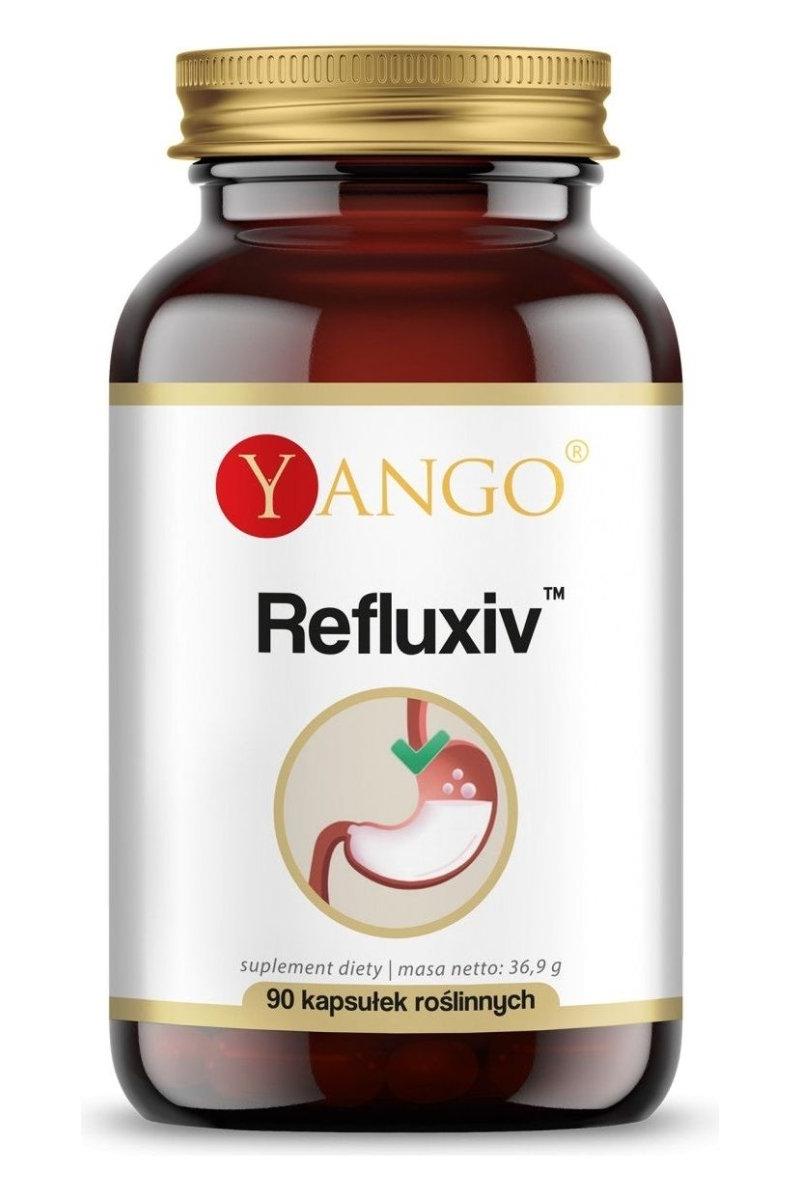 Yango Refluxiv supplement bottle with 90 natural capsules for heartburn relief and digestive support.