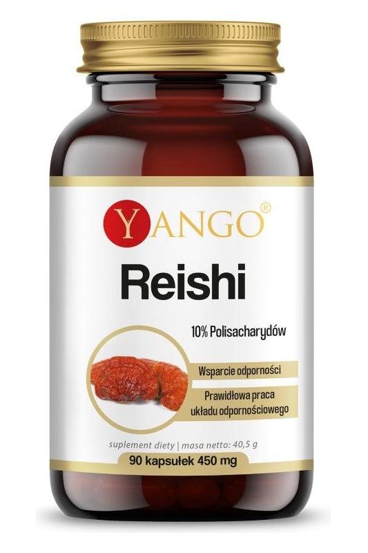 Yango Reishi supplement bottle with 90 capsules for immune support and cholesterol regulation.
