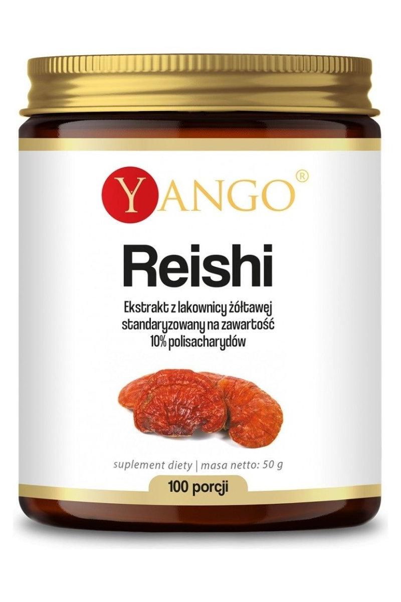 Yango Reishi extract 10% polysaccharides in a 50g jar, promoting immune support and general wellness.
