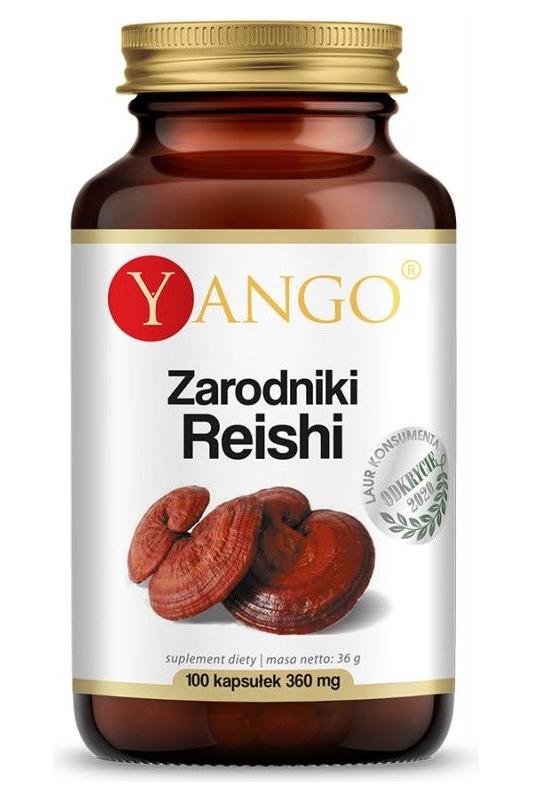 Yango Reishi spores dietary supplement bottle with 100 capsules, promoting immune support and overall health.