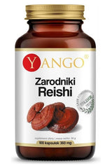 Yango Reishi spores dietary supplement bottle with 100 capsules, promoting immune support and overall health.