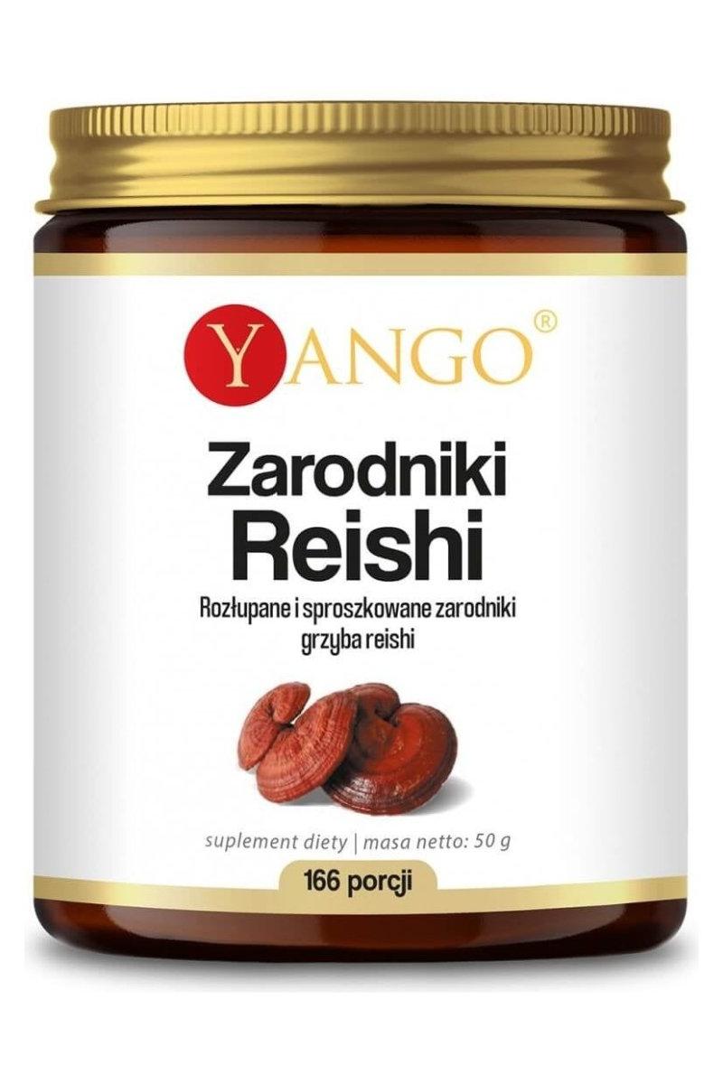 Yango Reishi spores in a 50g jar, labeled for dietary supplement benefits like immune support and mental clarity.