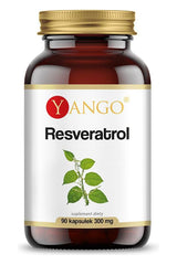 Yango Resveratrol supplement bottle with 90 vegetarian capsules, promoting heart health and antioxidant benefits.
