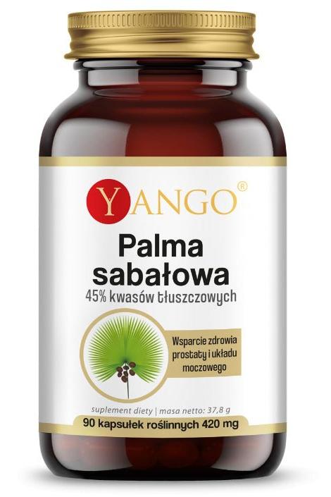 Yango Saw Palmetto supplement bottle with 45% fatty acids, 90 vegan capsules for prostate health support.
