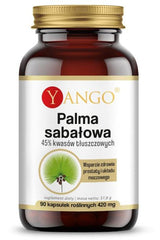 Yango Saw Palmetto supplement bottle with 45% fatty acids, 90 vegan capsules for prostate health support.