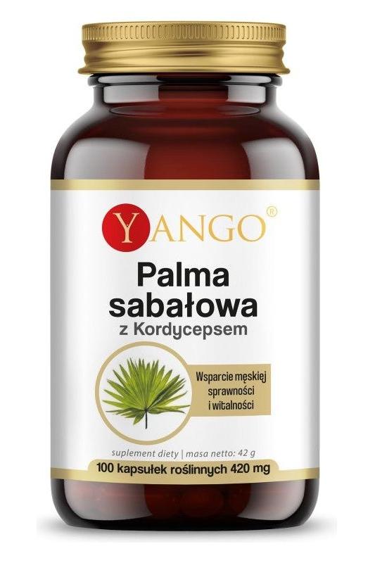 Yango Saw Palmetto with Cordyceps supplement bottle, 100 capsules, supports male vitality and prostate health.