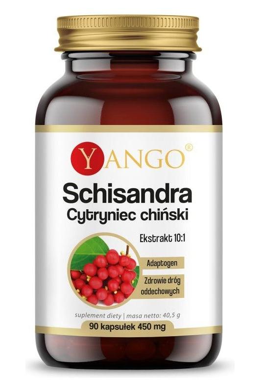 Yango Schisandra supplement bottle with 90 capsules containing 10:1 extract for health support.
