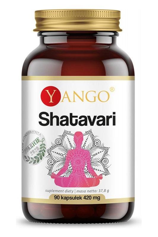 Yango Shatavari extract bottle with 90 vegetarian capsules for women's reproductive health support.