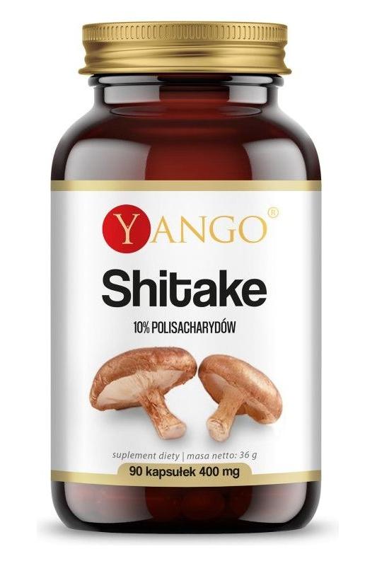 Yango Shiitake supplement bottle, 90 capsules, 400 mg, promoting heart health and immune support.