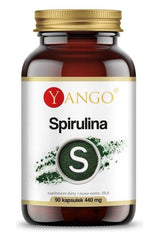 Yango Spirulina supplement bottle with 90 capsules, rich in protein, vitamins, and minerals.