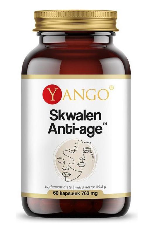 Yango Squalene Anti-Age supplement bottle with 60 capsules for youthful skin and protection against oxidative stress.