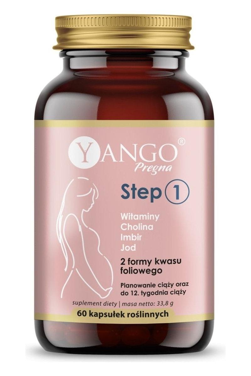 Yango Pregna Step 1 supplement for pregnancy, featuring vitamins and minerals for future mothers, 60 capsules.