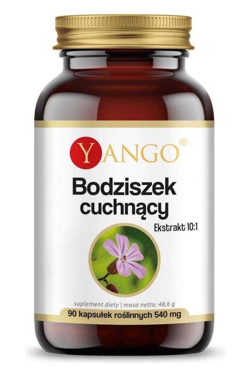 Yango Bodziszek Cuchnący supplement bottle with 90 capsules for natural skin treatment and inflammation support.