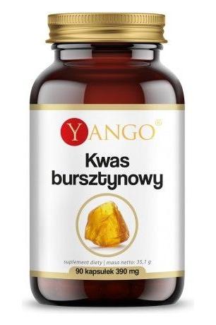 Yango Succinic Acid supplement bottle with 90 vegetarian capsules for cell support and antioxidant protection.