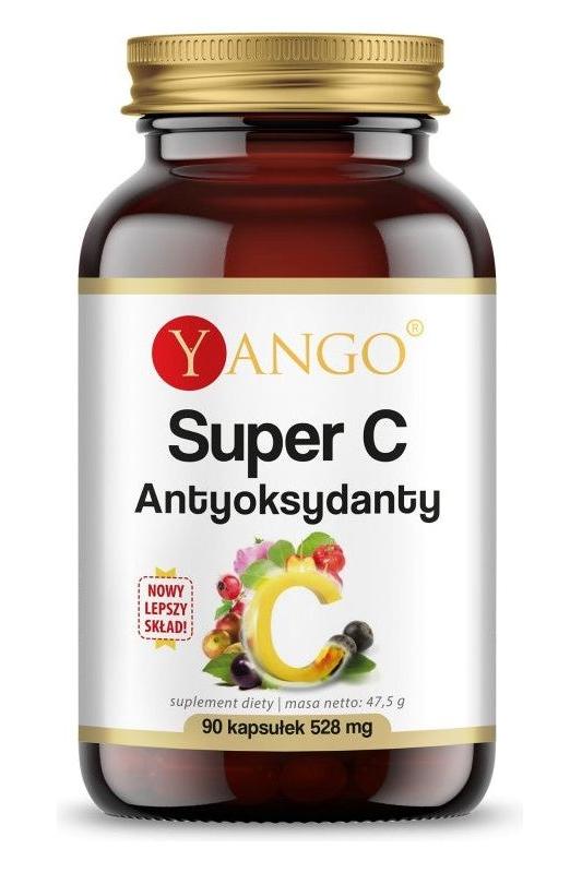 Yango Super C Antioxidant capsules in a brown bottle with vibrant fruit graphics, 90 capsules, 528 mg.