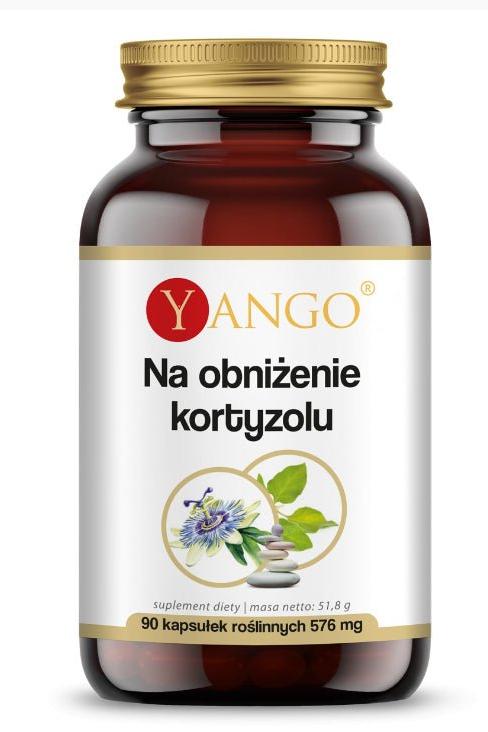 YANGO supplement bottle for lowering cortisol, contains 90 caps with natural ingredients for stress relief.