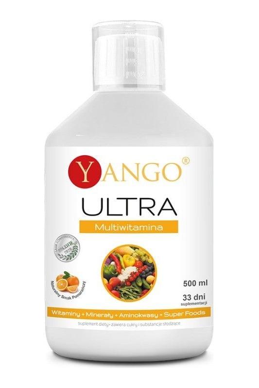 Yango Ultra Multivitamin 500 ml bottle, rich in vitamins and minerals, supports metabolism and overall health.