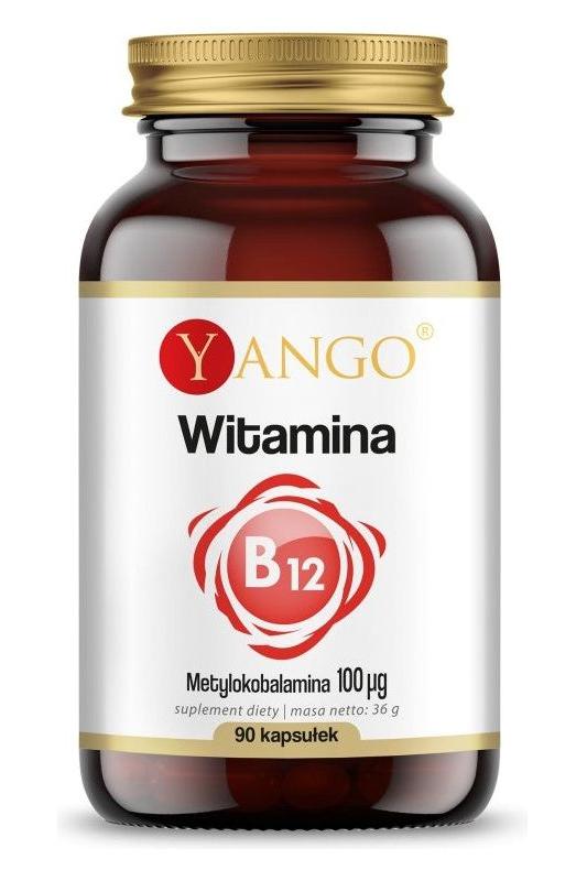 Yango Vitamin B12 supplement bottle with 90 caps, featuring Methylcobalamin for nerve health and energy metabolism.