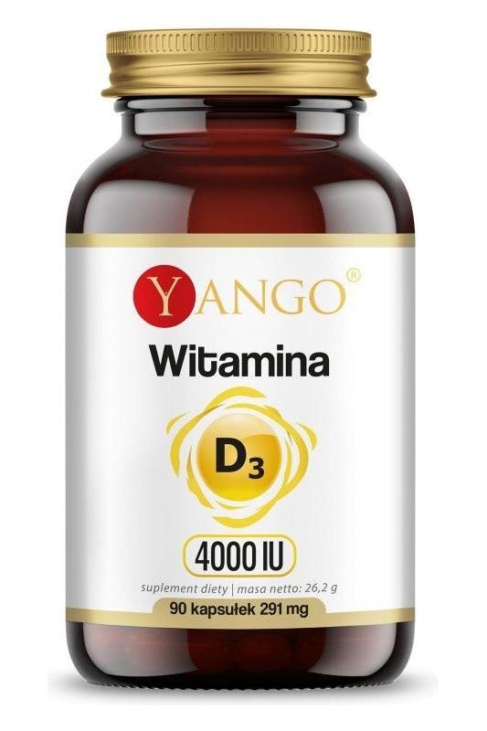 Yango Vitamin D3 supplement bottle, 4000 IU, 90 capsules for immune support and bone health.