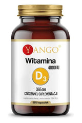 Yango Vitamin D3 4000 IU dietary supplement bottle with 365 capsules for immune support and bone health.