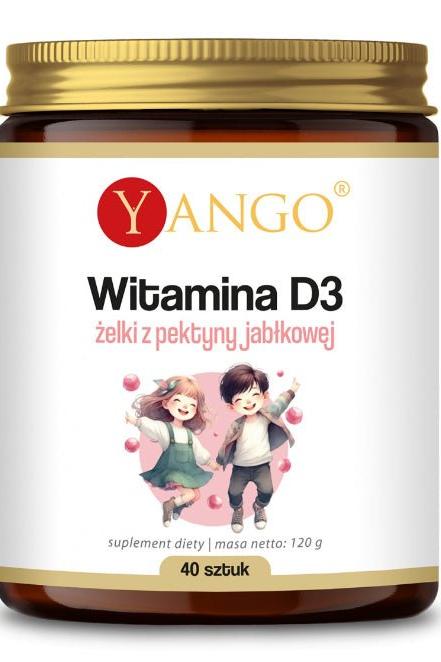 Yango Vitamin D3 Apple Pectin Jellies container with children playing, 40 jellies, dietary supplement for immune support.