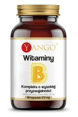 Yango Vitamin B supplement bottle with 90 capsules, promoting vitamin B complex benefits for energy and nerve health.