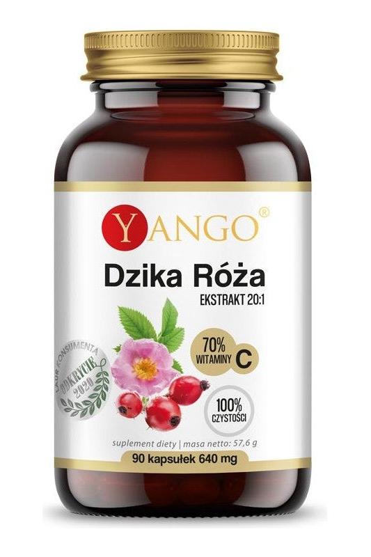 Yango Wild Rose extract supplement bottle with 90 capsules, 70% vitamin C, vegetarian-friendly formula.