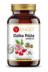 Yango Wild Rose extract supplement bottle with 90 capsules, 70% vitamin C, vegetarian-friendly formula.
