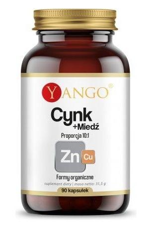 Yango Zinc + Copper supplement bottle with 90 vegetarian capsules for immune support and oxidative stress protection.