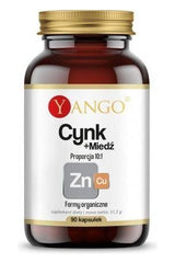 Yango Zinc + Copper supplement bottle with 90 vegetarian capsules for immune support and oxidative stress protection.