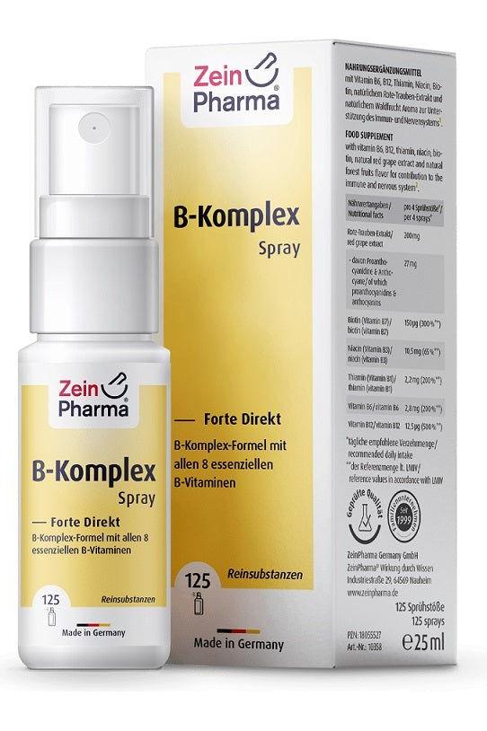 Zein Pharma B-Complex Forte Direct Spray in orange, 25 ml packaging with easy applicator for vitamins.