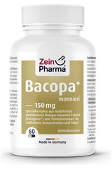 Zein Pharma Bacopa Monnieri+ 150mg supplement bottle, enhances mental performance, allergen-friendly, made in Germany.