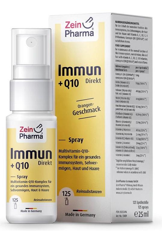 Zein Pharma Immune + Q10 Direct Spray in orange flavor, 25 ml packaging with spray nozzle.