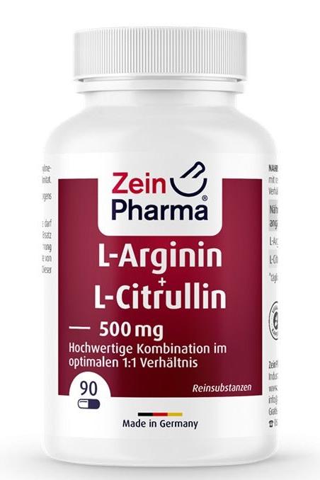 Zein Pharma L-Arginin + L-Citrullin 500 mg supplement bottle with 90 capsules, made in Germany.