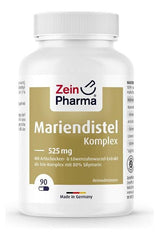 Zein Pharma Milk Thistle Complex bottle, 525 mg, supports liver health and detoxification, made in Germany.