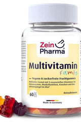 Zein Pharma multivitamin gummies for the family, 60 vegan fruit gummies in a clear bottle, made in Germany.