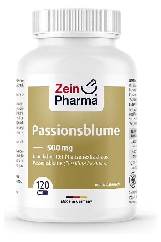 Zein Pharma Passion Flower 500mg capsules in a bottle, 120 caps, made in Germany.