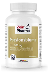 Zein Pharma Passion Flower 500mg capsules in a bottle, 120 caps, made in Germany.