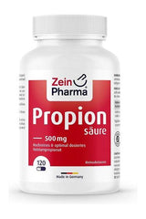 Zein Pharma Propionic Acid supplement bottle, 500 mg, 120 capsules, made in Germany.