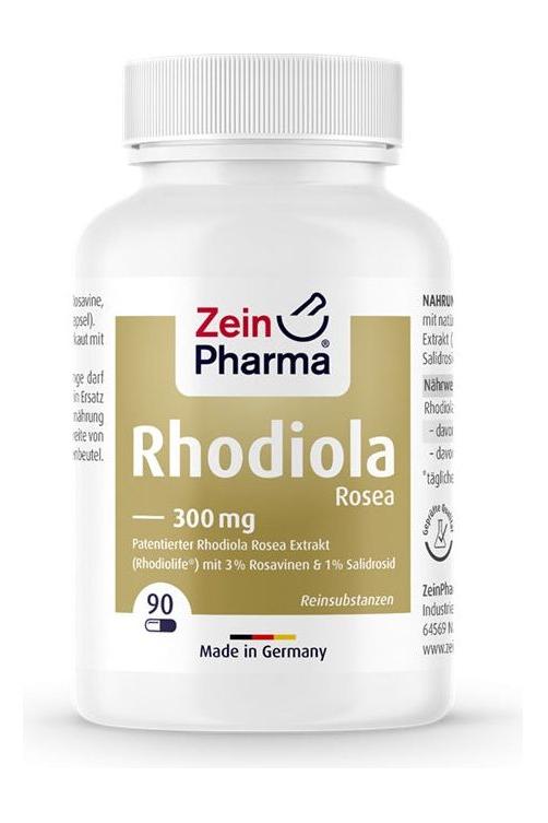 Zein Pharma Rhodiola Rosea 300 mg capsules, 90 count, high-quality herbal supplement made in Germany.