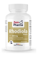 Zein Pharma Rhodiola Rosea 300 mg capsules, 90 count, high-quality herbal supplement made in Germany.