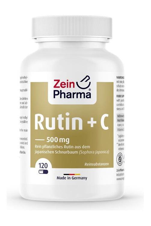 Zein Pharma Rutin + C 500 mg supplement bottle with 120 capsules for antioxidant support.